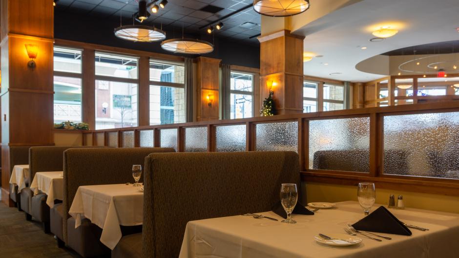 Set tables inside Leo's restaurant.