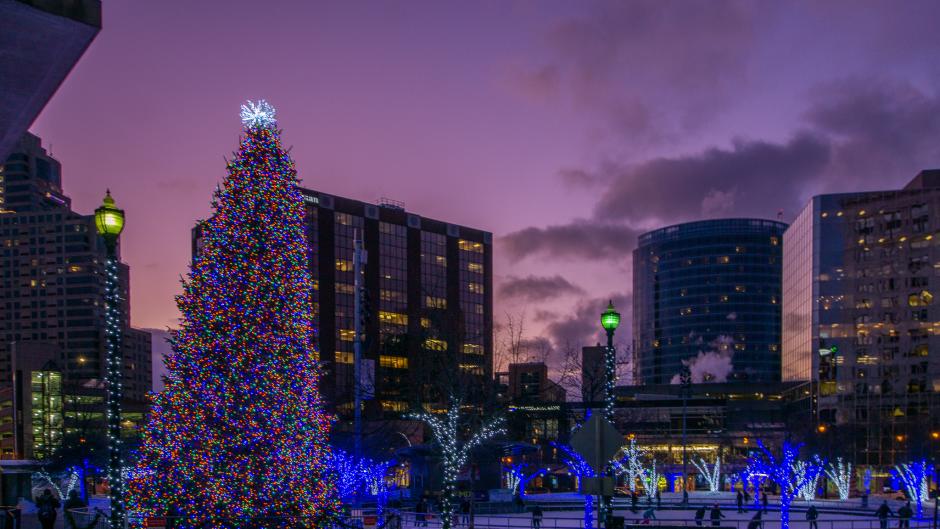 Rosa Parks Circle and Christmas tree at dusk.
