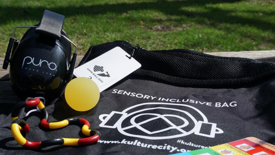 Sensory bag with noise-canceling headphones, feelings cards, and fidget toys
