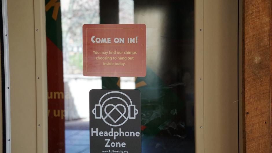 Sign on door of headphone zone at the John Ball Zoo in Grand Rapids
