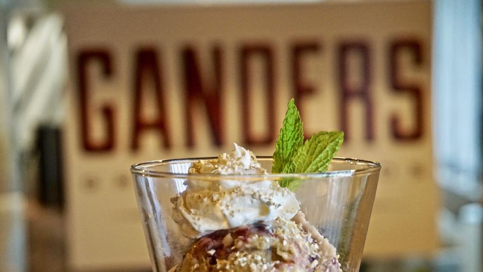 Finish your RWGR meal with a dessert. Try Ganders' unique Sweet Corn Gelato, made with local sweet corn, blackberry jam, oat crumble, and sweet cream