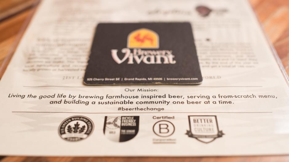 Brewery Vivant focuses on building a sustainable community by investing in local materials. 50 percent of Brewery Vivant's food input and 25 percent of its drink input is grown within 250 miles of its East Hills location.