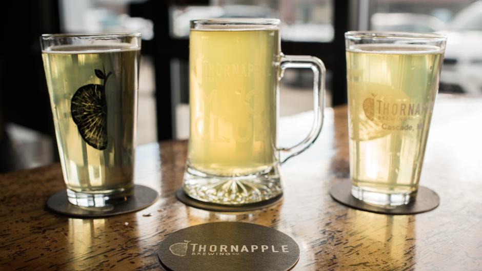 Mug of beer on a table at Thornapple Brewing Co.