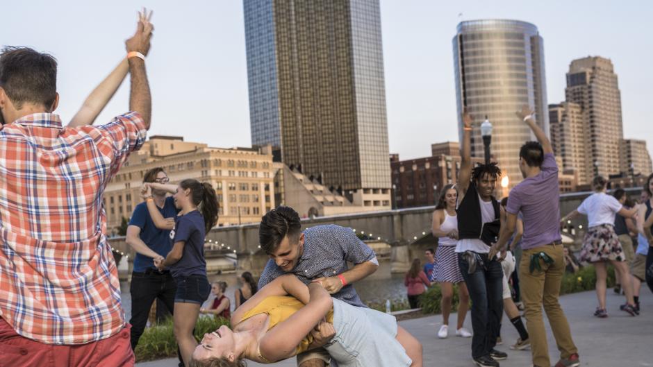 People enjoy swing dancing in downtown at both Ah-Nab-Awen Park and Rosa Parks Circle every Tuesday and Wednesday night.