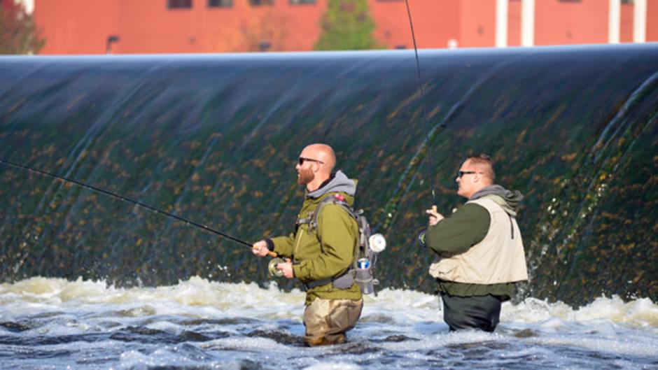 Two area angler wade-fish for steelhead on the Grand River just downstream from the Sixth Street Dam on the east side of the river
