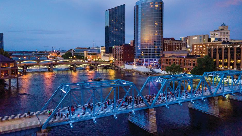 Located on the Blue Bridge which stretches between Grand Valley State University's Eberhard Center and the Grand Rapids river walk near Plaza Towers, the Hopcat WYCE Blue Bridge Music Festival is located next to the ArtPrize 10 action!