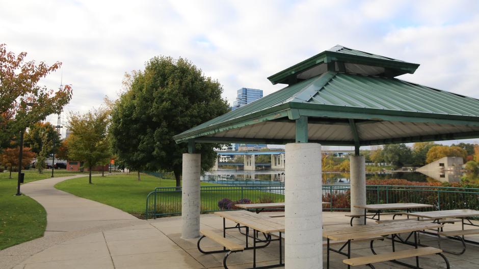 Located in downtown Grand Rapids, Sixth Street Bridge Park is a great spot to eat and take in views of the river and the city.