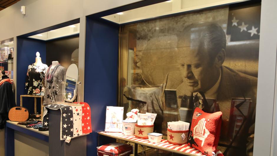 Fan-favorite items of the Gerald R. Ford Presidential Museum's Gift Shop include: Presidential mugs, key chains, scenic postcards, holiday ornaments, and Michigan-themed gift items.