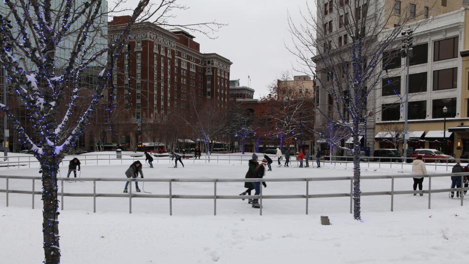 In the winter, Rosa Parks Circle transforms into a winter wonderland thanks to its man-made ice rink. Rosa Parks Circle hosts various winter activities, including the Human Hungry Hippos event.