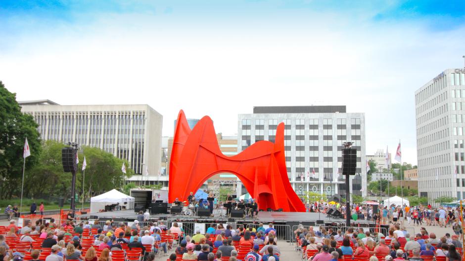 Calder Plaza is home to many festivals and community events throughout the year, including the African American Art & Musical Festival. Here the plaza is part of the Festival of the Arts.