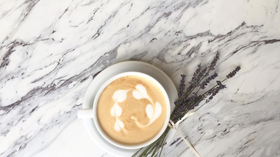 Hearts in the foam of a lavender latte from Le Bon Macaron in Grand Rapids