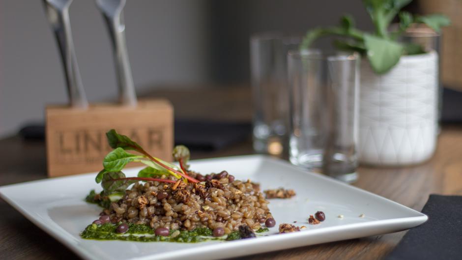Newly-opened restaurant, Linear, is offering a Chef's Choice option. You can select five courses for $35, including this vegan farro risotto.