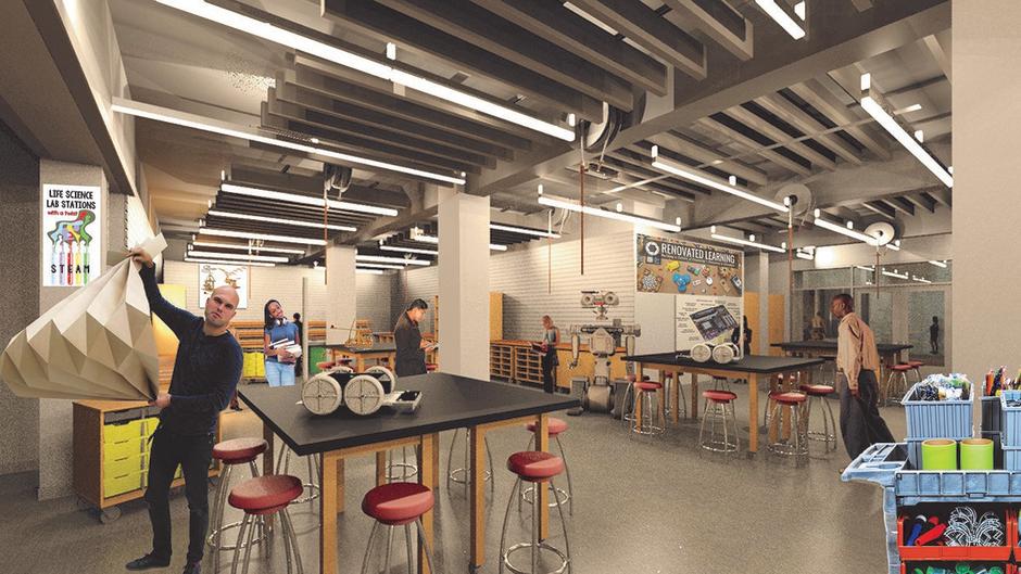 A mockup of a classroom setting in the Public Museum School shows how students would engage with the space.