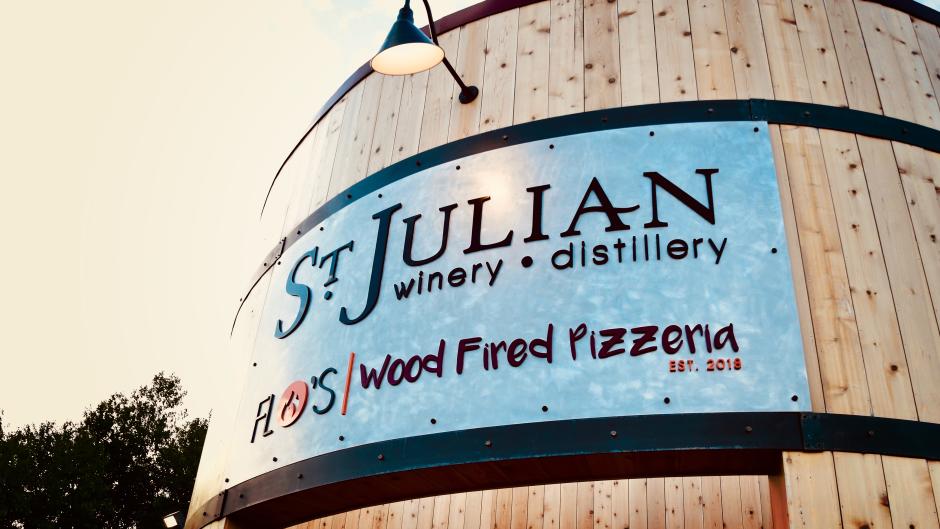 Exterior of St. Julian Winery & Distillery and Flo's Pizzeria.