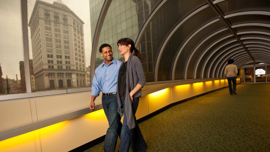Couple on skywalk in downtown Grand Rapids
