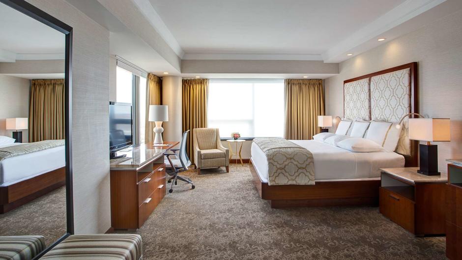 Elegant yet functional room in the Amway Grand Plaza tower.