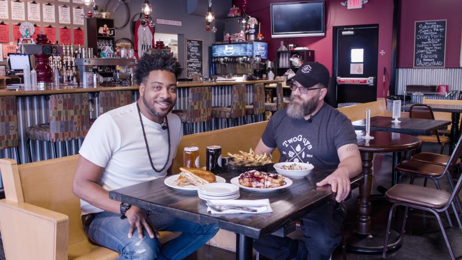 Beer City Eats host, Adrian "AB" Butler, during his interview with Thomas Payne, Two Guys Brewing's Brewer, Chef, and Owner
