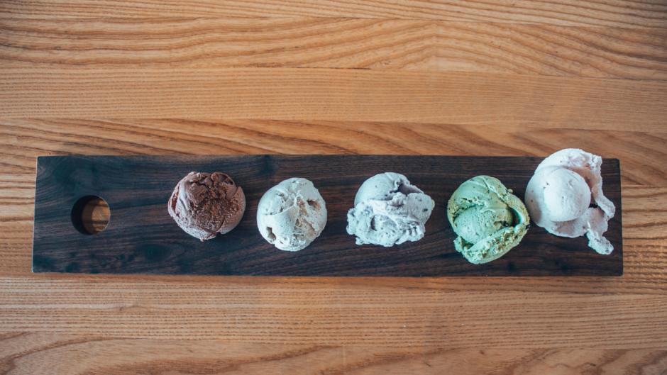 A flight of vegan ice cream from Love's Ice Cream and Chocolate.