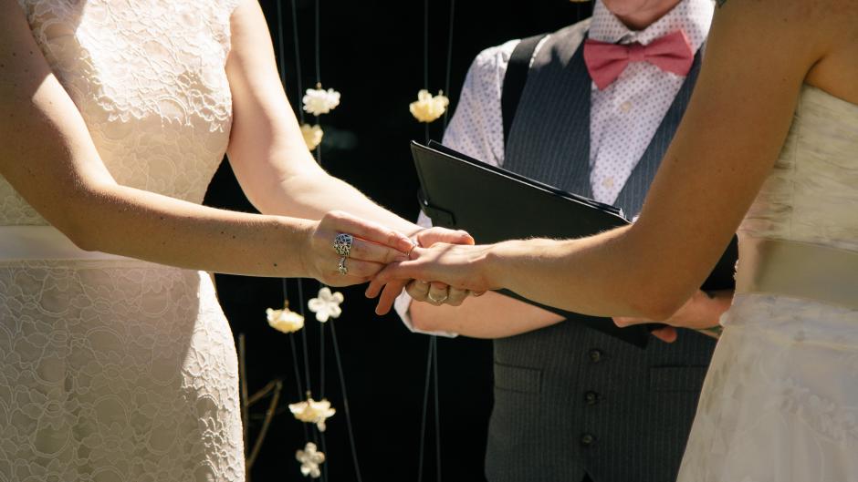 Brides exchange rings at Fallasburg Park wedding.