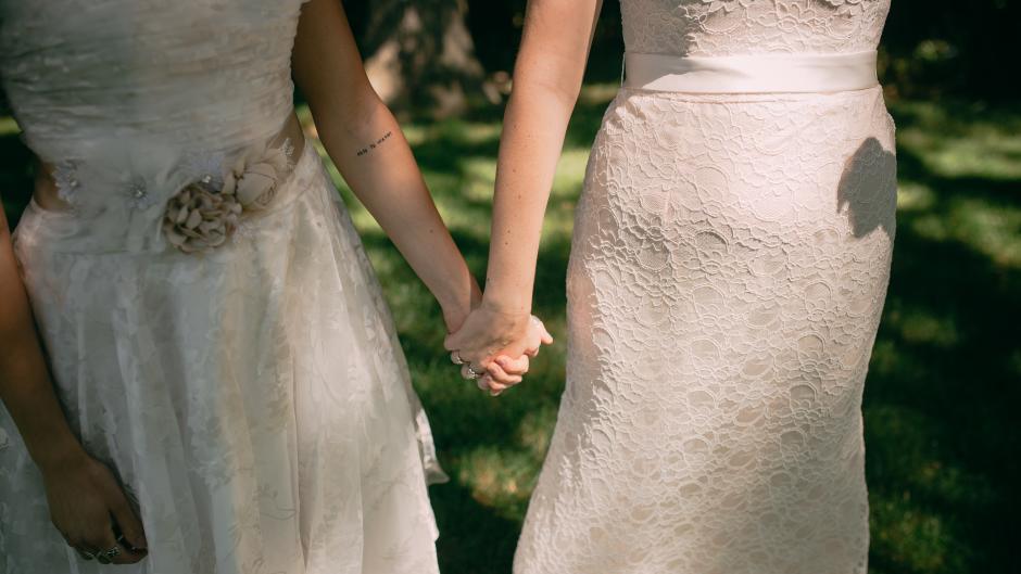 Brides holding hands at Fallasburg Park