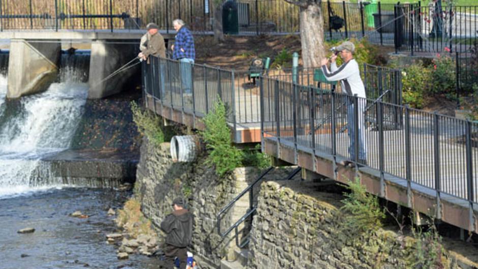 Anglers gather on the wall at Rockford Dam to fish for fall steelhead
