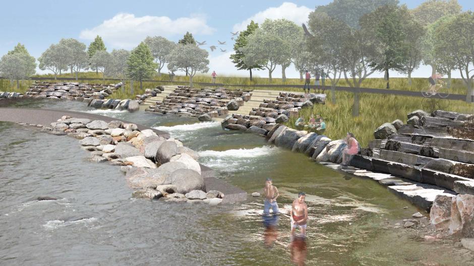 Renderings for fish passage with rocks in the Grand River part of the Whitewater Project.