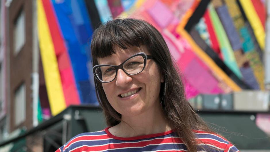 Amanda Browder, a Brooklyn-based artist, produces large-scale fabric installations for building exteriors and other public sites.