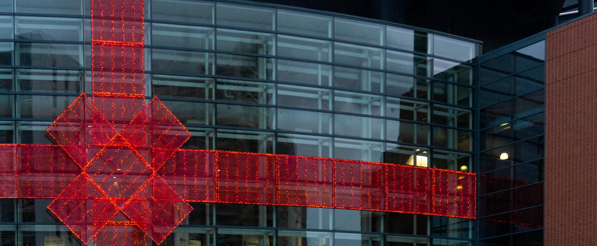Giant bow across the front of Van Andel Arena.