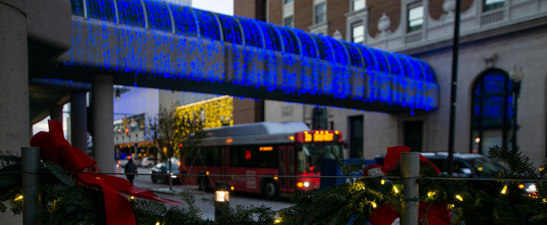 Holiday lights on Amway skywalk in downtown Grand Rapids
