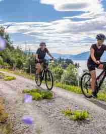 To personer sykler langs fjorden om sommeren, Norge.