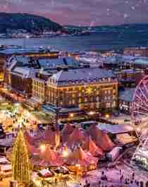 The Christmas market in Trondheim seen from above, Trøndelag, Norway.