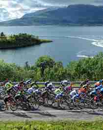 Proffsyklister i peleton konkurrerer i Arctic Race of Norway