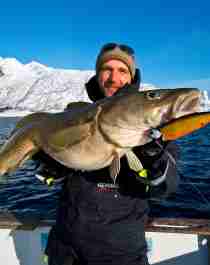 En mann holder en nyfanget torsk i Lofoten i Nord-Norge