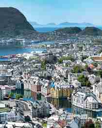 The city Ålesund, Fjord Norway, seen from viewpoint Aksla