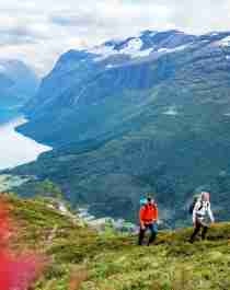 Hiking at Mount Hoven near Loen Skylift in Loen in the Nordfjord area of Fjord Norway