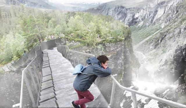 An architectural drawing of a man standing on the new Vøringsfossen staircase bridge in the Hardangerfjord region, Norway