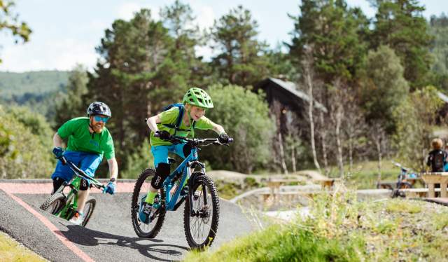 Vater und Sohn fahren Mountainbike in Hallingdal, Ostnorwegen