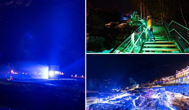 Three images showing the light art festival in Geiranger