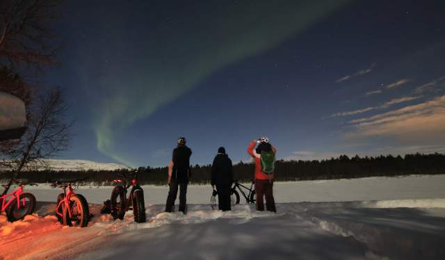 People with fatbikes looking at the northern lights in Finnmark, Norway.