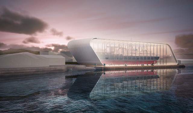 An architectural drawing of the Hurtigruten museum building around the ship MS Finnmarken. Stokmarknes, Vesterålen