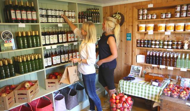 Two people shopping in a farm shop in the Fruit Village Gvarv