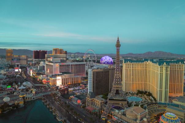 Stunning aerial view of the Las Vegas Strip at dusk.