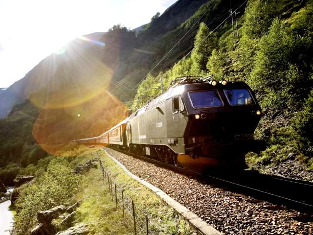 A train passing through a scenic valley in Flåm