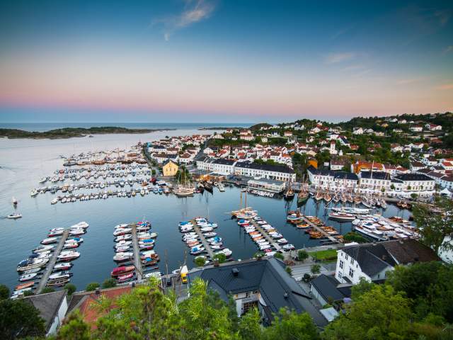 The harbour and city Risør in Southern Norway seen from viewpoint Risørflekken.