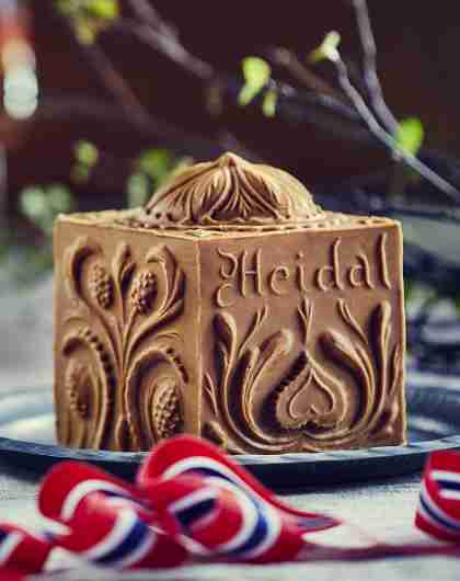 Brown cheese from the Norwegian creamery Heidal Ysteri in the Gudbrandsdalen valley, Eastern Norway