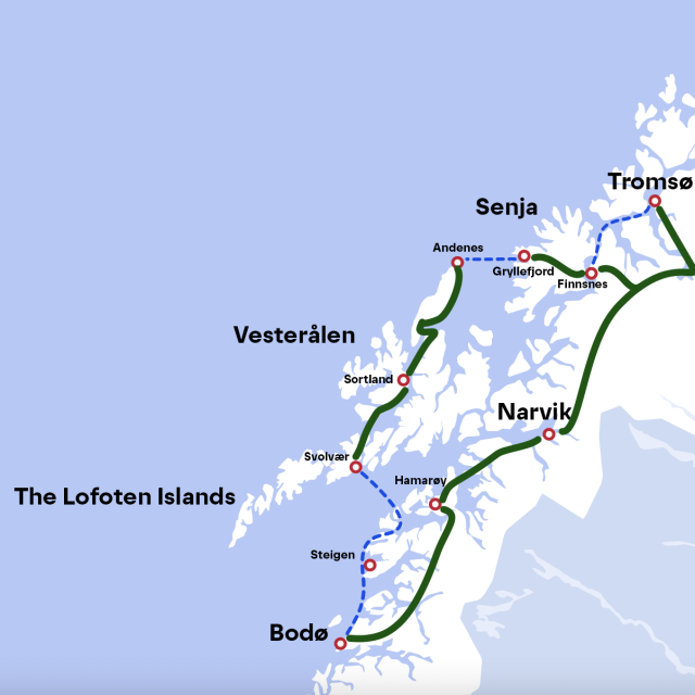 Kollektivtransport-rute mellom Kart: Bodø-Lofoten-Vesterålen-Senja-Tromsø-Narvik
