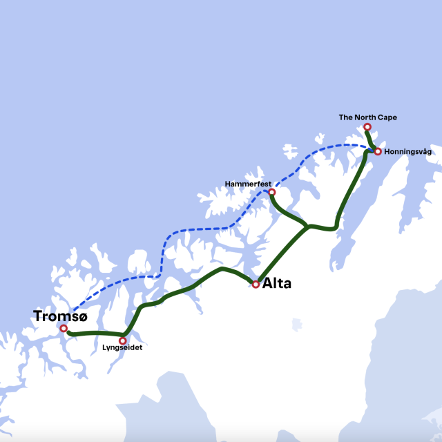 Kollektivtransport-rute mellom Tromsø - Alta - Nordkapp