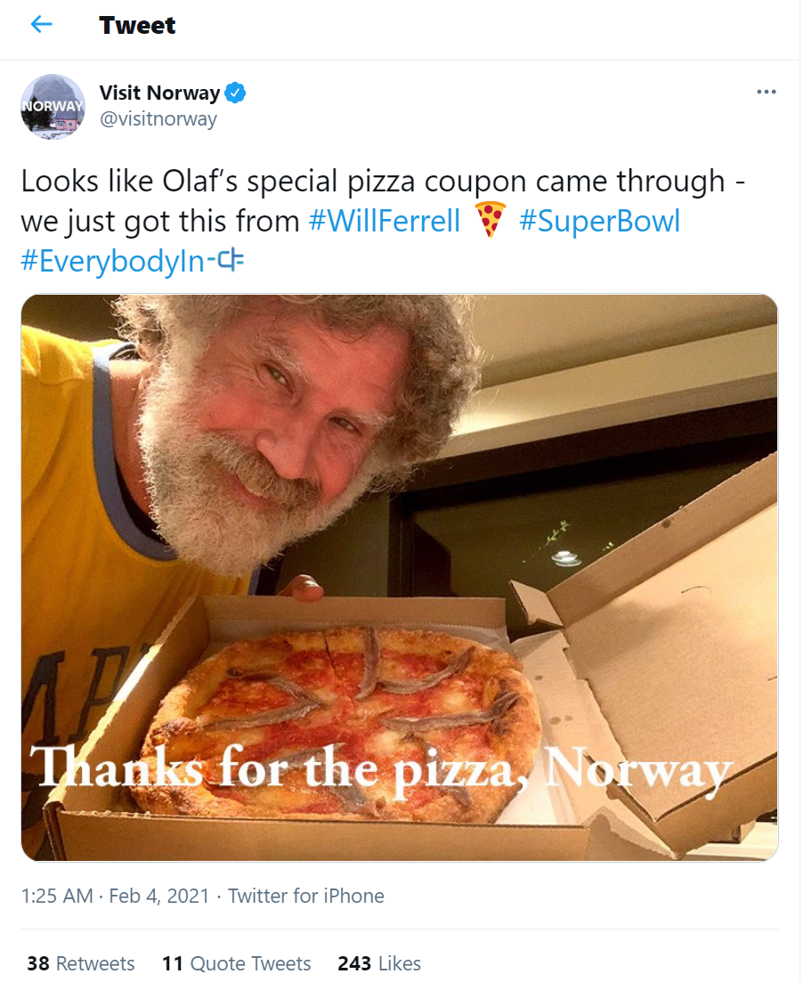 Will Ferrell's pizza tweet on Visit Norway Twitter