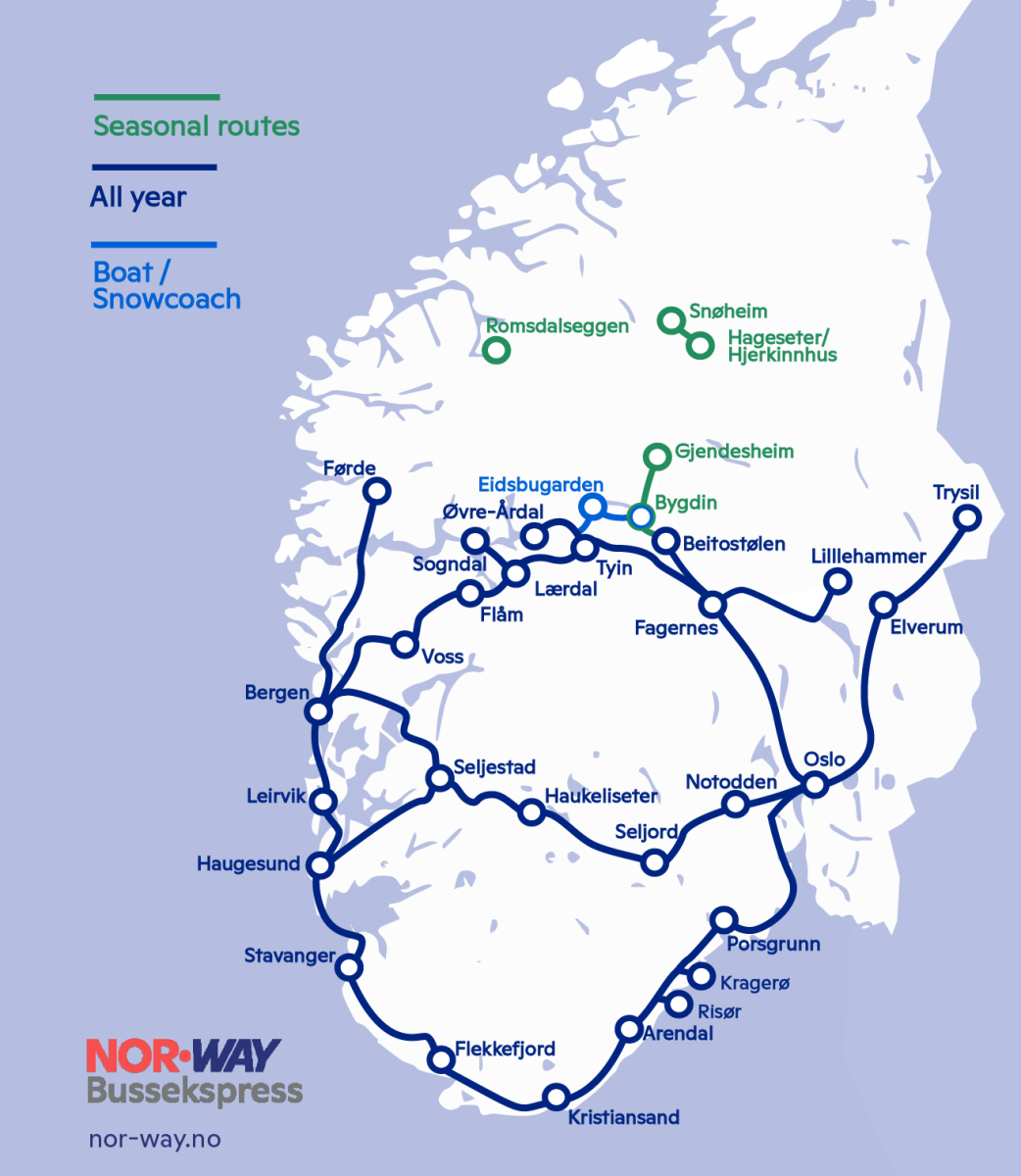 Illustration of the bus routes from NOR-WAY Bussekspress.