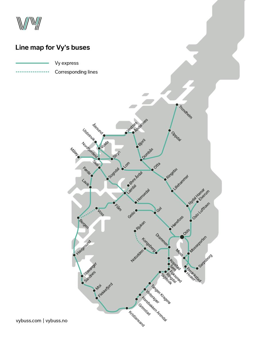 Illustration of bus routes from VY Express in Norway.